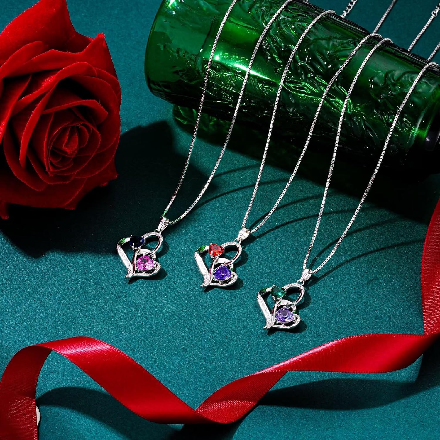 Iefil Birthstone Necklace for Women - 925 Sterling Silver Double Birthstone Heart Necklace | Anniversary Birthday Gifts for Women | Personalized Gifts | Jewelry Gifts for Wife Mom Girlfriend - Image 6