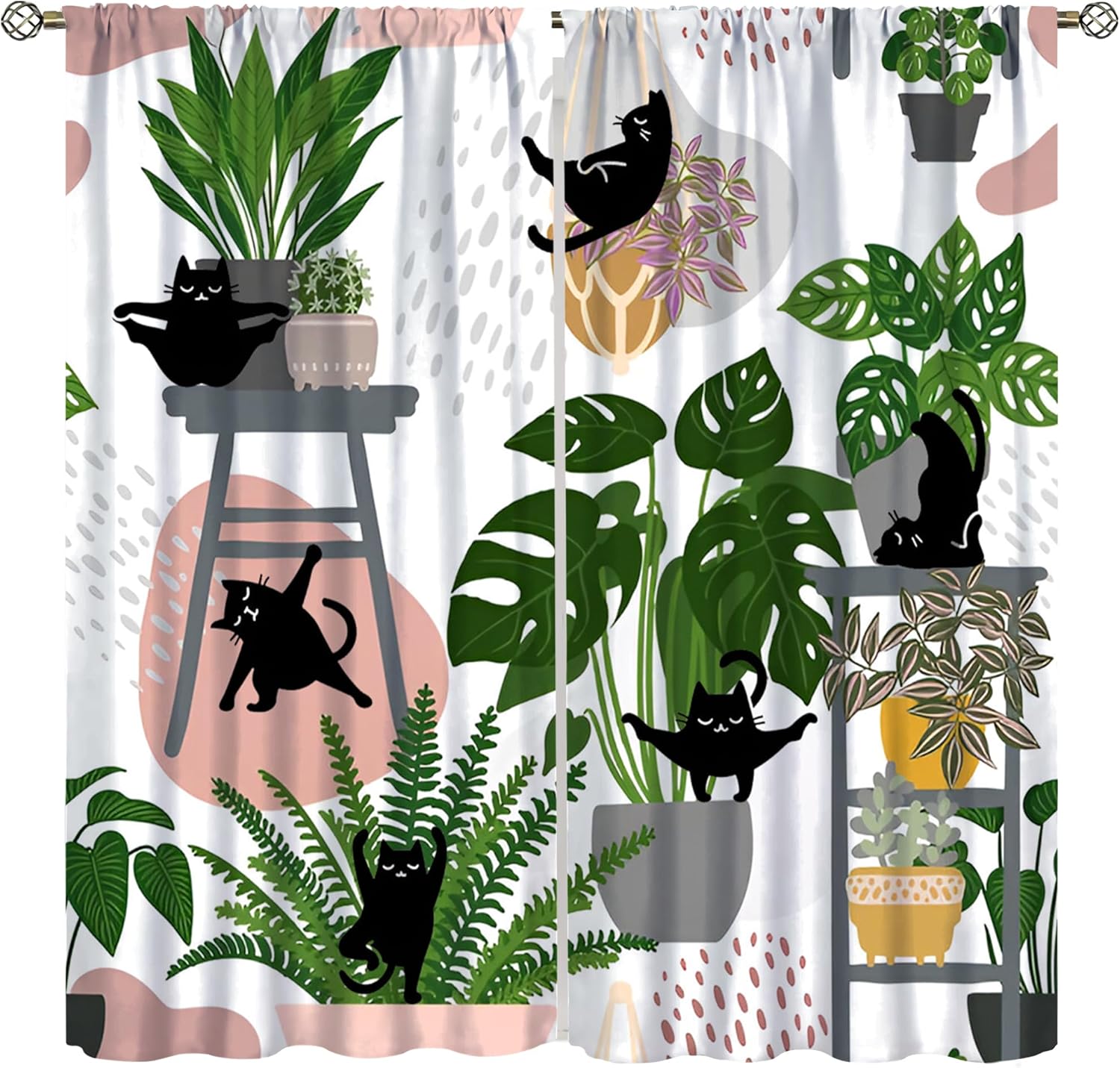 Potted Cat Blackout Curtains Bohemian Abstract Art Playful Black Pet Colorful Prints Rod Pocket Window Treatments for Bedroom Kitchen Living Dining Apartment Dorms Cafe 42" W X 45" L