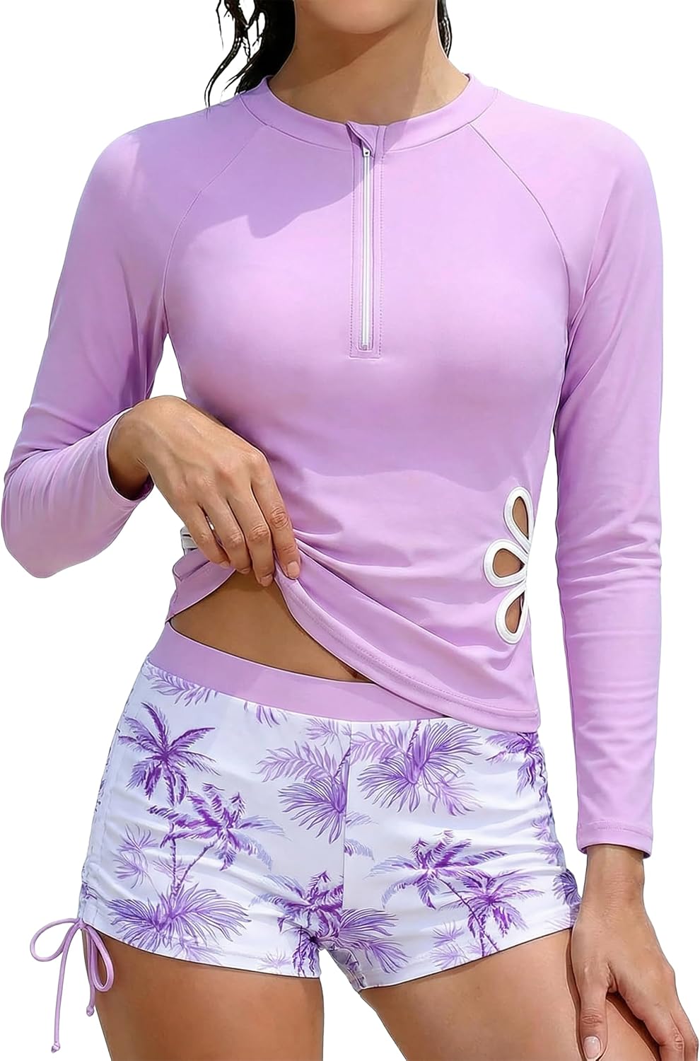 oklady Girls Swimsuit 2 Piece Cut Out Rash Guard Swimsuit Long Sleeve with Zip Girls Bathing Suit Size 7-16