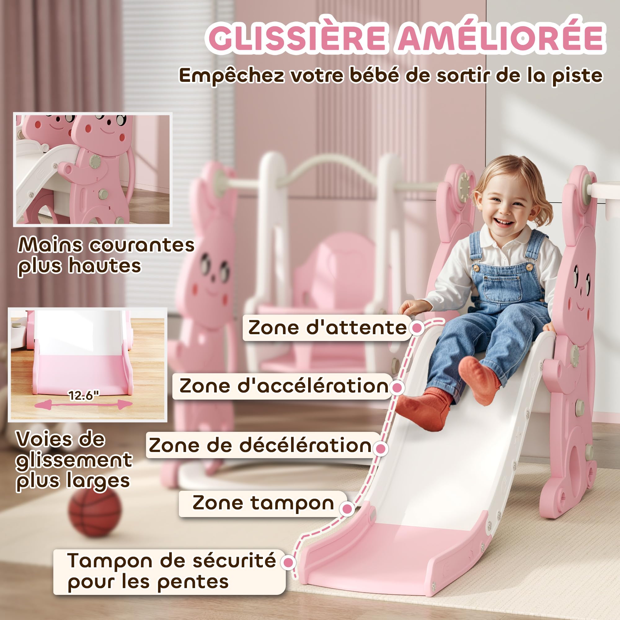 AIYAPLAY Toboggan et Balançoire pour Enfants 4 en 1 1,5 à 4 Ans Rose | Aire de Jeux Tout-Petits avec Escalade, Panier de Basket, Motif Lapin, pour l'Intérieur et l'Extérieur