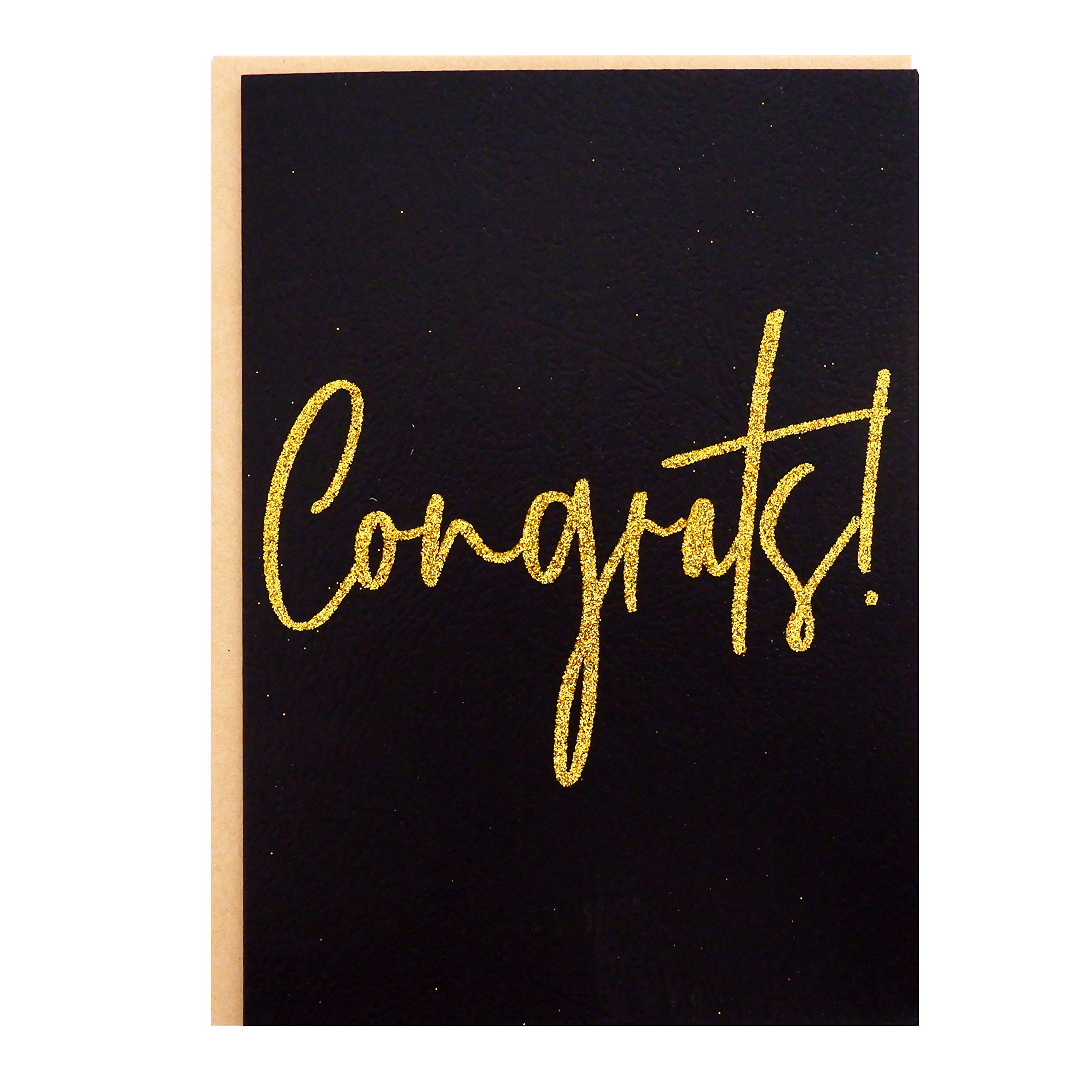 Congratulations Card - 2 Pack "Congrats!" Greeting Card in Gold Glitter Letters on Black Textured Paper with Kraft Envelope - 5" x 7" Blank Inside - For Graduation, Promotion, Engagement, Announcement