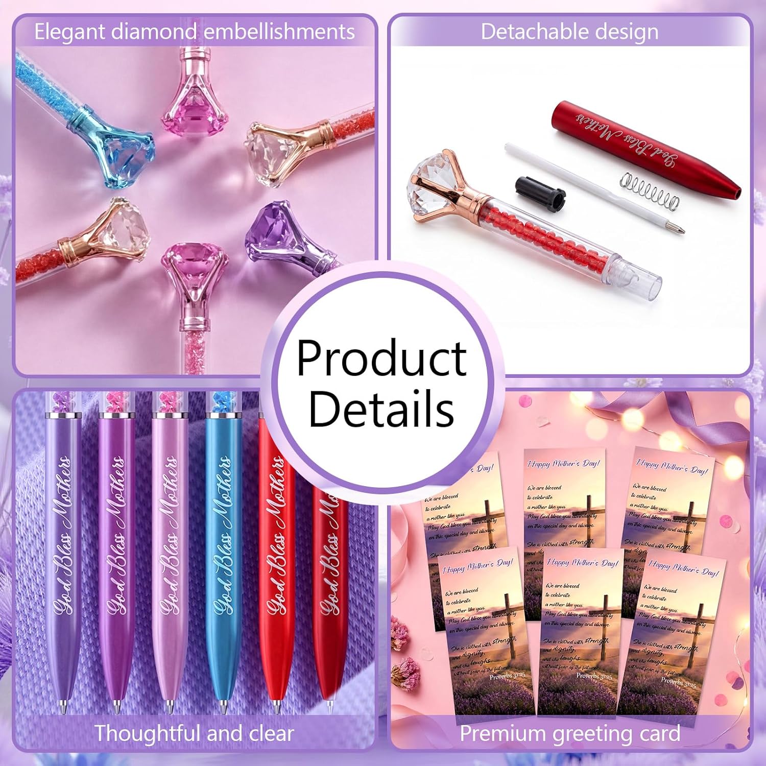 Huwena 48 Sets Mother's Day Gifts for Church Bulk Diamond Ballpoint Pens with Bible Cards God Bless Mothers Christian Gifts for Sunday School Office Religious Party Favors, 6 Colors