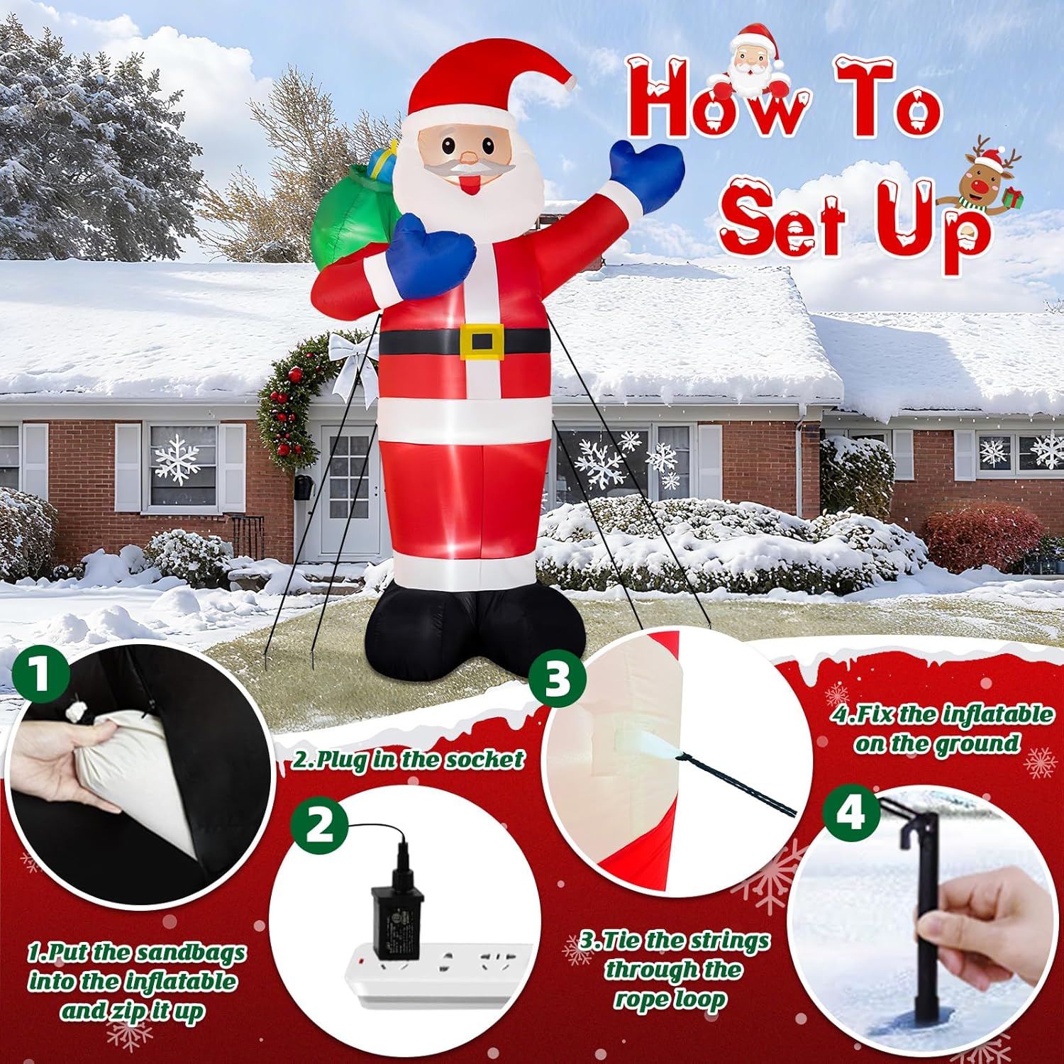 B&D 12FT Giant Christmas Inflatables Santa Claus Outdoor Decorations Built-in LED Lights, Christmas Blow Up Santa Yard Decorations with Gift Bag Inflatable Xmas Decorations for Yard Garden Lawn - Image 6
