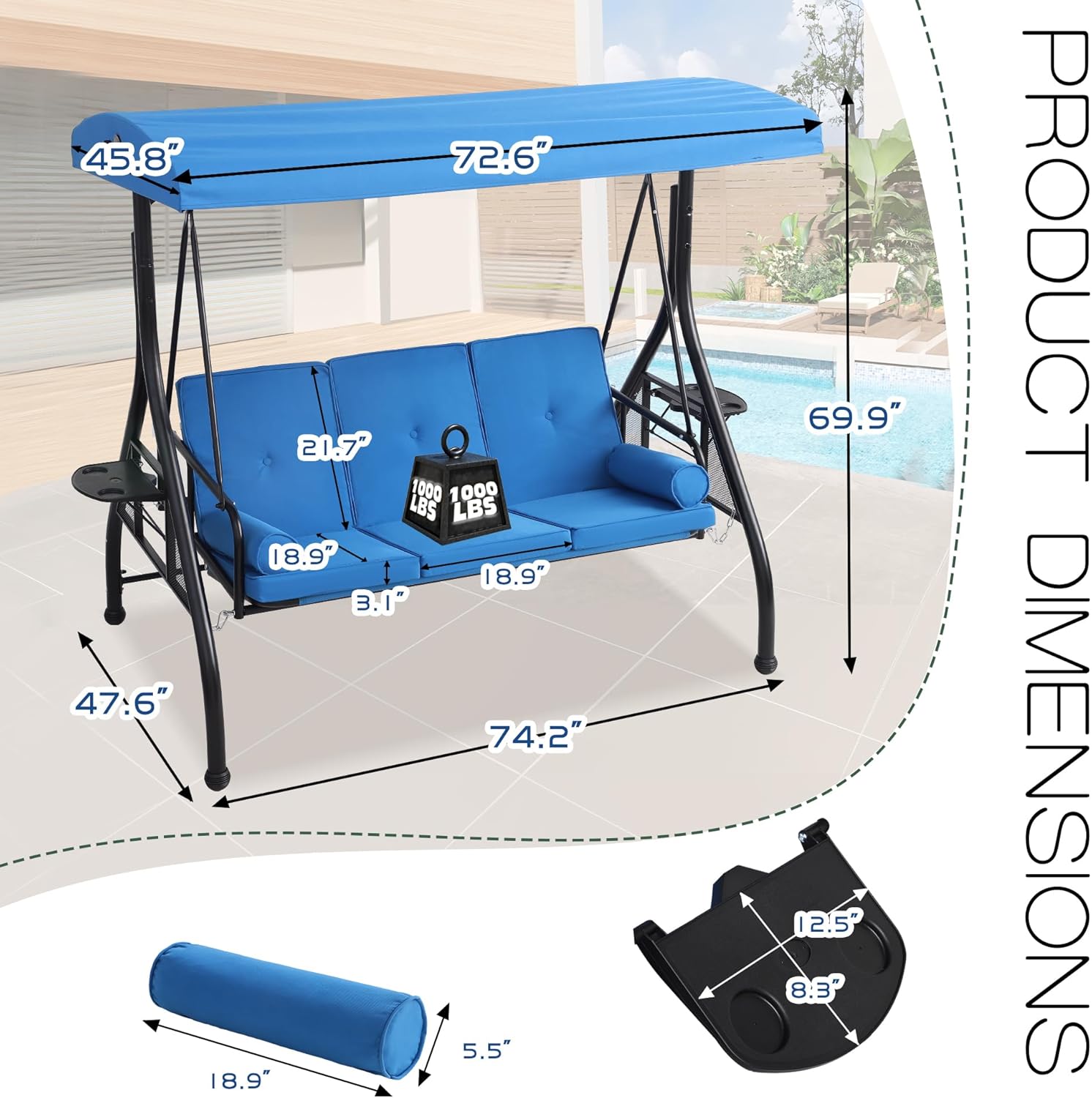 2-in-1 Front Porch Swing Outdoor, 3 Seat Patio Swing Glider Chair with Stand, Heavy Duty Swings with Cushions & Adjustable Canopy, 2 Side Cup Holders for Outside Deck, Yard and Garden (Blue)