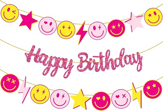 Preppy Birthday Party Decoration Rose Red Happy Birthday Banner Pink Yellow Smile Face Lightning Star Design Banners for Preppy Theme Birthday Party Bachelorette Party Supplies