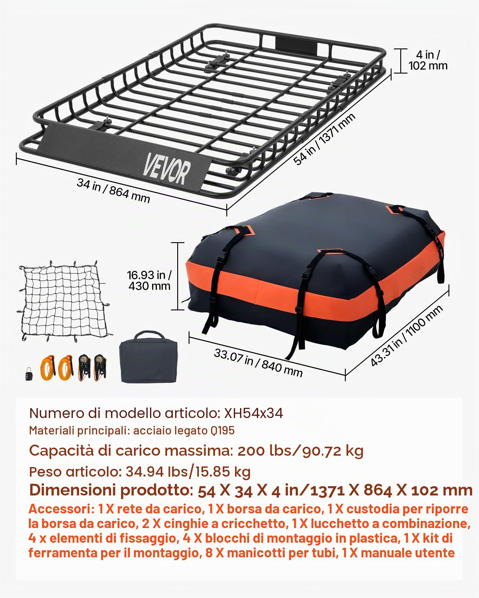 VEVOR Portapacchi da Tetto per Auto, Kit Completo Portapacchi da Tetto 1371 x 864 x 102 mm Telaio in Acciaio Rete Fermabagagli Cinghie a Cricchetto Carico max 90,72 kg, Universale per SUV Furgone