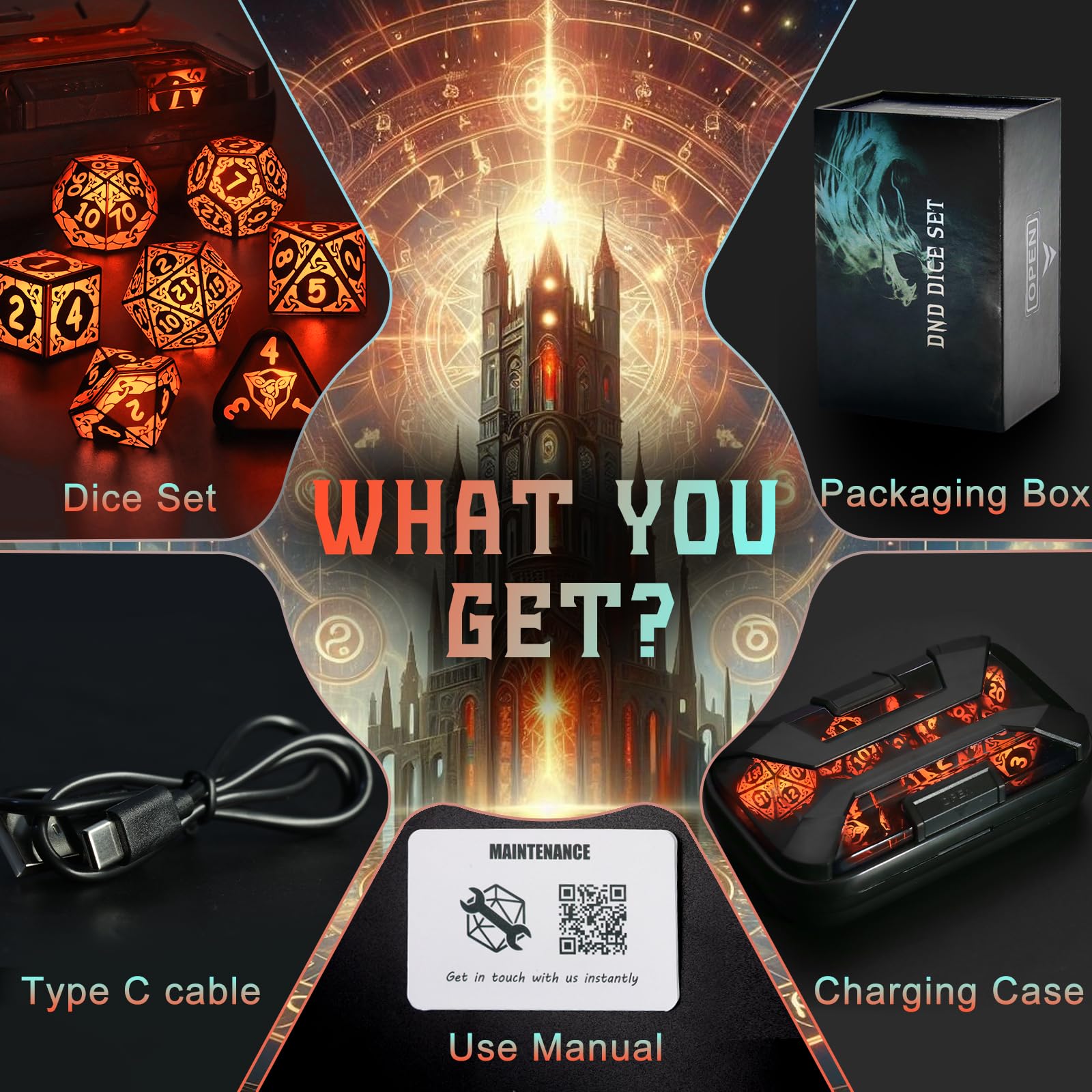 LED Dice Set DND, Cool Light up Dice Set Rechargeable for Dungeons and Dragons, ZHOORQI Polyhedral D and D Dice with Charging Box for Role Playing Game Gifts (Orange-Shackles)