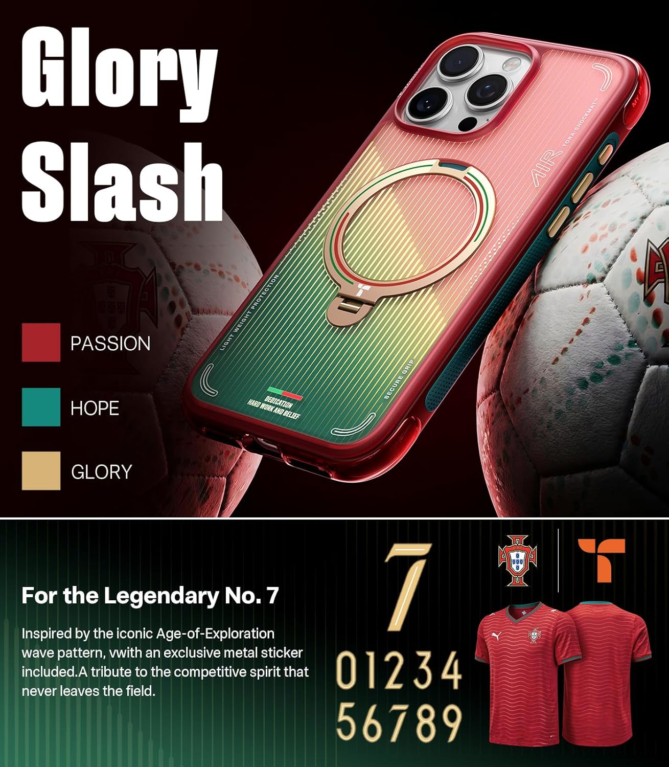TORRAS × Portuguese Football Federation Limited Edition, Ostand Q3 Air for iPhone 16 Pro Max Case, 360 Magnetic Stand, Fit for MagSafe, Mil-Grade Drop Tested, World Cup Inspired, Glory Slash