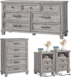 Farmhouse Dresser and Nightstand Sets 4 Piece, 5/7 Drawer Dresser & 2 Drawer Nightstand Set, Rustic Wood Bedroom Furniture Set for Home, Bedroom, Hallway, Grey