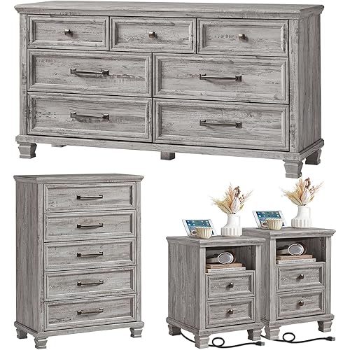 Farmhouse Dresser and Nightstand Sets 4 Piece, 5/7 Drawer Dresser & 2 Drawer Nightstand Set, Rustic Wood Bedroom Furniture Set for Home, Bedroom, Hallway, Grey