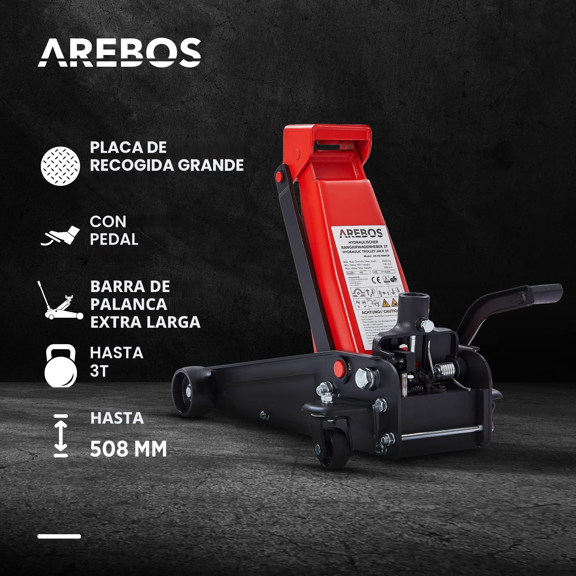 Arebos Gato Hidráulico 3T con Pedal + 2 Soportes | Capacidad 3 Ton | Gato para Taller y Aficiones | Elevador Seguro para Automóviles y Turismos