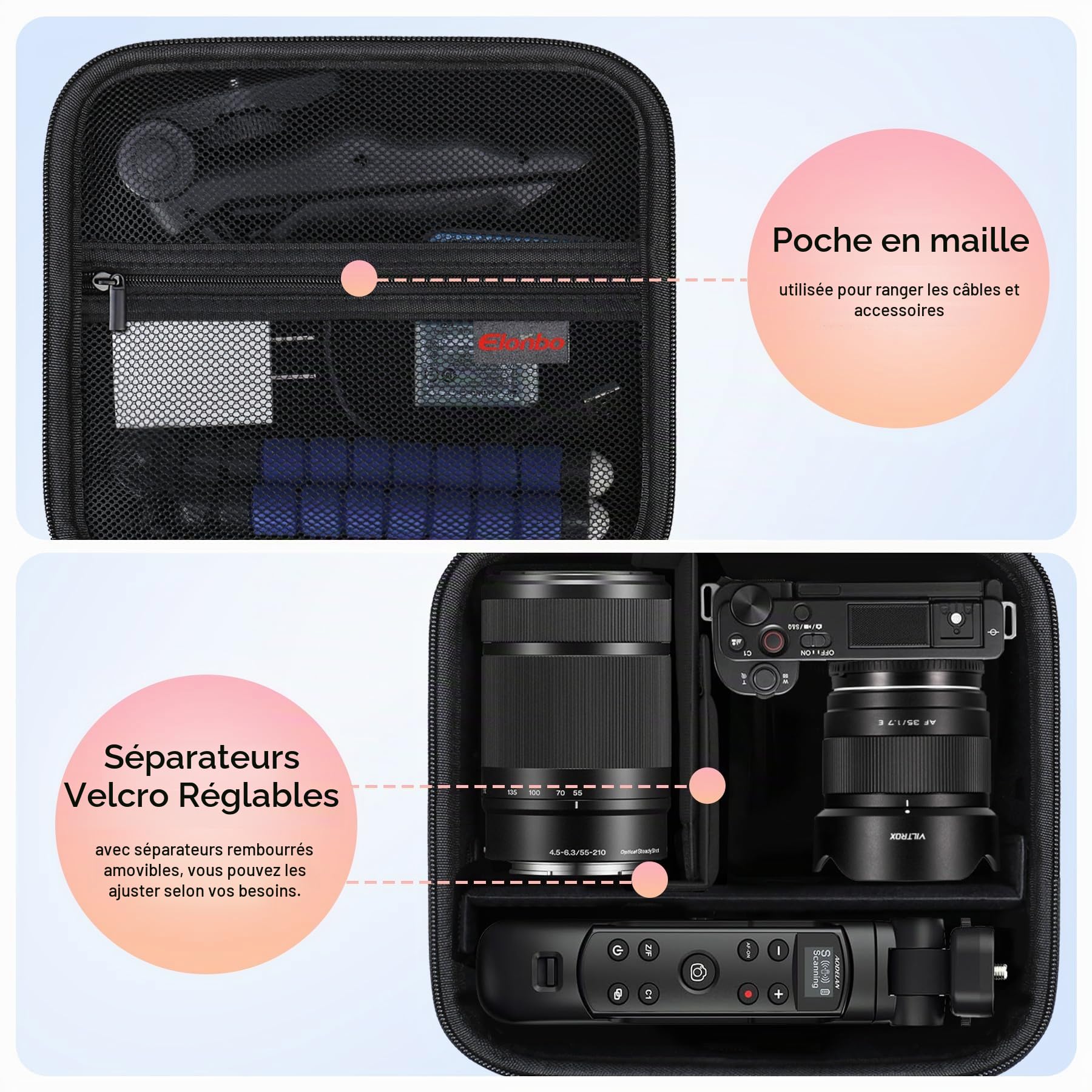 Elonbo Sacoche de Transport pour Appareil Photo Hybride Sony ZV-E10 / ZVE10 II, Sac de Voyage Rigide et Portable pour Appareil Photo numérique. Noir