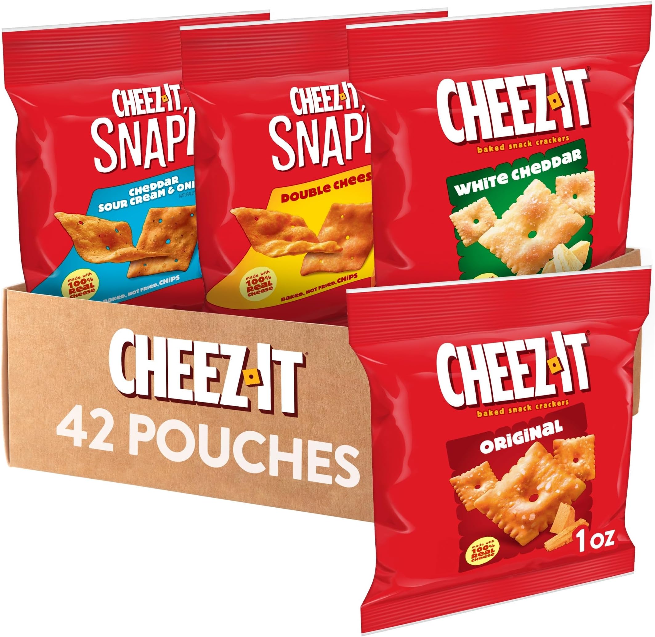 Baked Snack Cheese Crackers, 4 Flavor Variety Pack, School Lunch Snacks, Single Serve Bag (42 Bags)