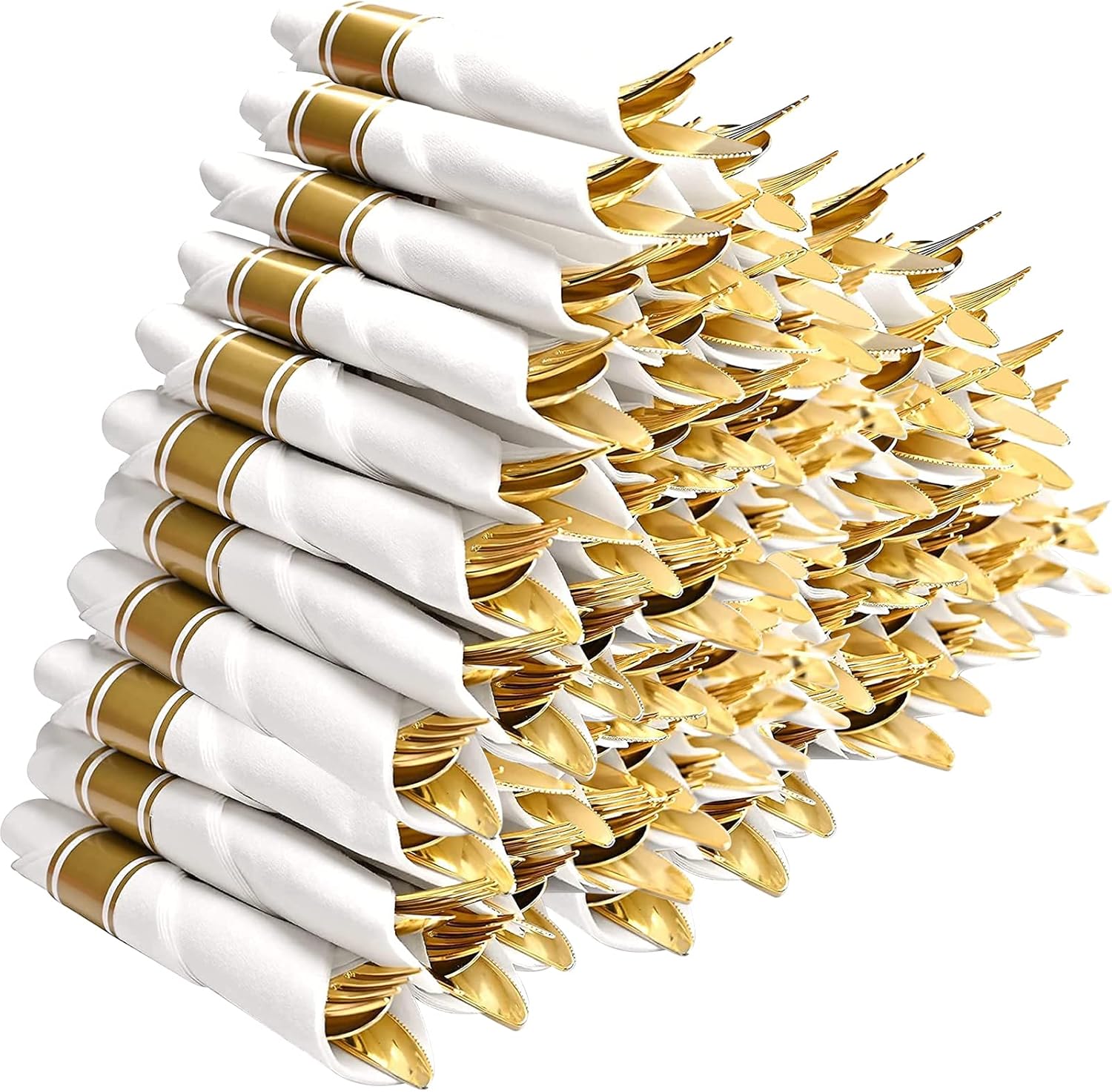 60 Packs Pre Rolled Gold Plastic Cutlery Set, Disposable Gold Plastic Silverware, Pre Rolled Napkin and Cutlery Set with 60 Forks, 60 Knives, 60 Spoons and 60 Dinner Napkins for Party