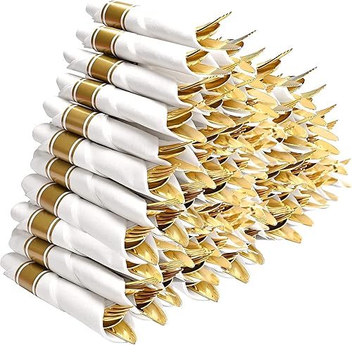 Juego de 60 cubiertos de plástico dorado preenrollados, cubiertos desechables de plástico dorado, juego de servilletas y cubiertos preenrollados con