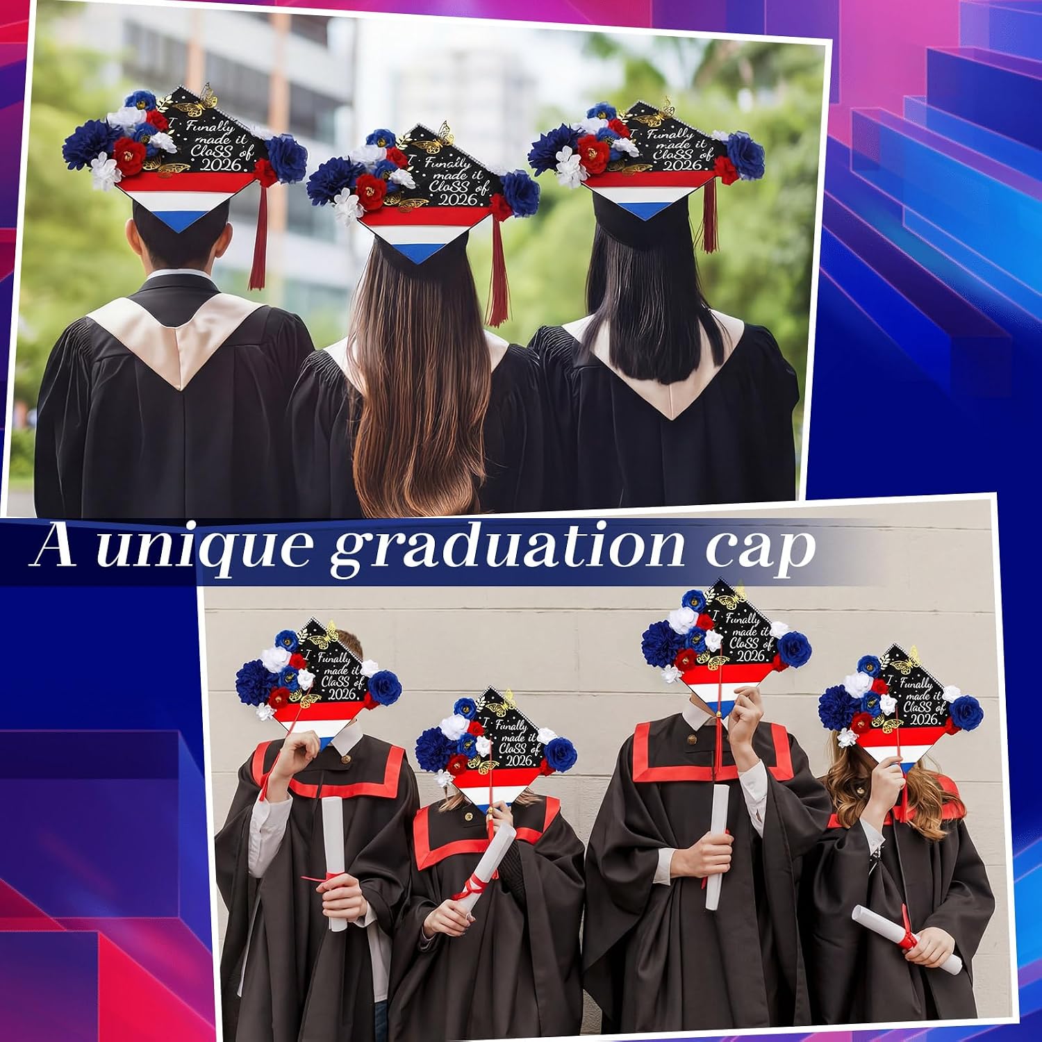 FineCheer 46 Pcs DIY Puerto Rico Graduation Cap Decoration Kit Red White Blue Dominican Republic Flower 3D Butterfly Rhinestone Pearl Letter Sticker Glitter Paper for 2026 Grad Hat Topper Party Decor