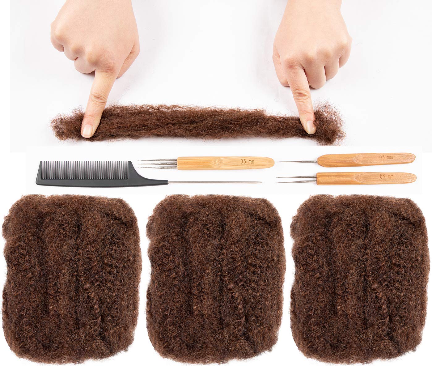 DAIXI 6 Inch 150g #30 Brown Color Afro Kinkys Bulk Human Hair for Dreadlocks Making, Repairing and Extending, 100% Afro Kinky Curly Human Hair Bulk 50g/Pack Can be Dyed and Bleached
