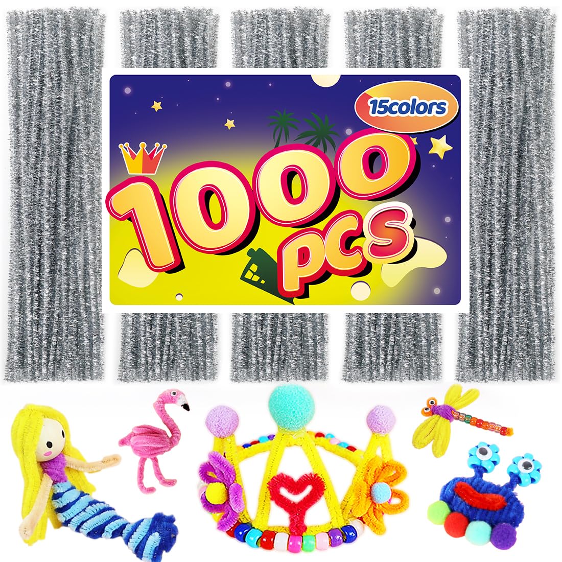 Bundooraking Pipe Cleaners, Pipe Cleaners Craft, Arts and Crafts, Crafts, Craft Supplies, Art Supplies (1000 Silver Glitter Pipe Cleaners)…
