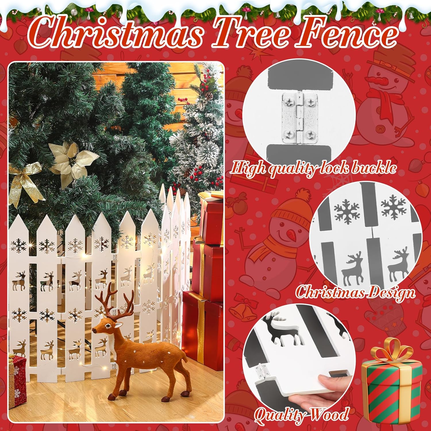Sasylvia Christmas Tree Fences with LED String Lights 24 x 142 Inch Wooden Christmas Tree Picket Fence Barrier Wood Gate for Pets Dog Cat Xmas Holiday Wedding Home Garden Party Decor (Xmas)