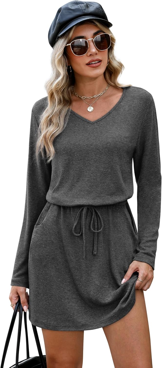 OFEEFAN Fall Dresses for Women 2025 Loose V Neck Long Sleeve T Shirts Casual Sundresses Tie Front A-Line Dresses - Image 3