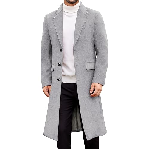 COOFANDY Mens Trench Coat Long Casual Single Brested Overcoat Winter Notched Collar Wool Blend Pea coat With Pockets