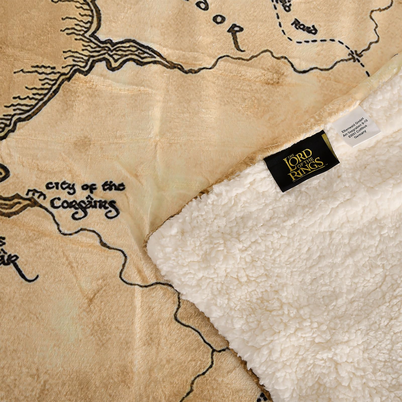 Elbenwald Herr Der Ringe Flauschdecke Teddyfell mit Mittelerde Karte Motiv - 150 x 200 cm - für Herren Damen Unisex Beige Weiß