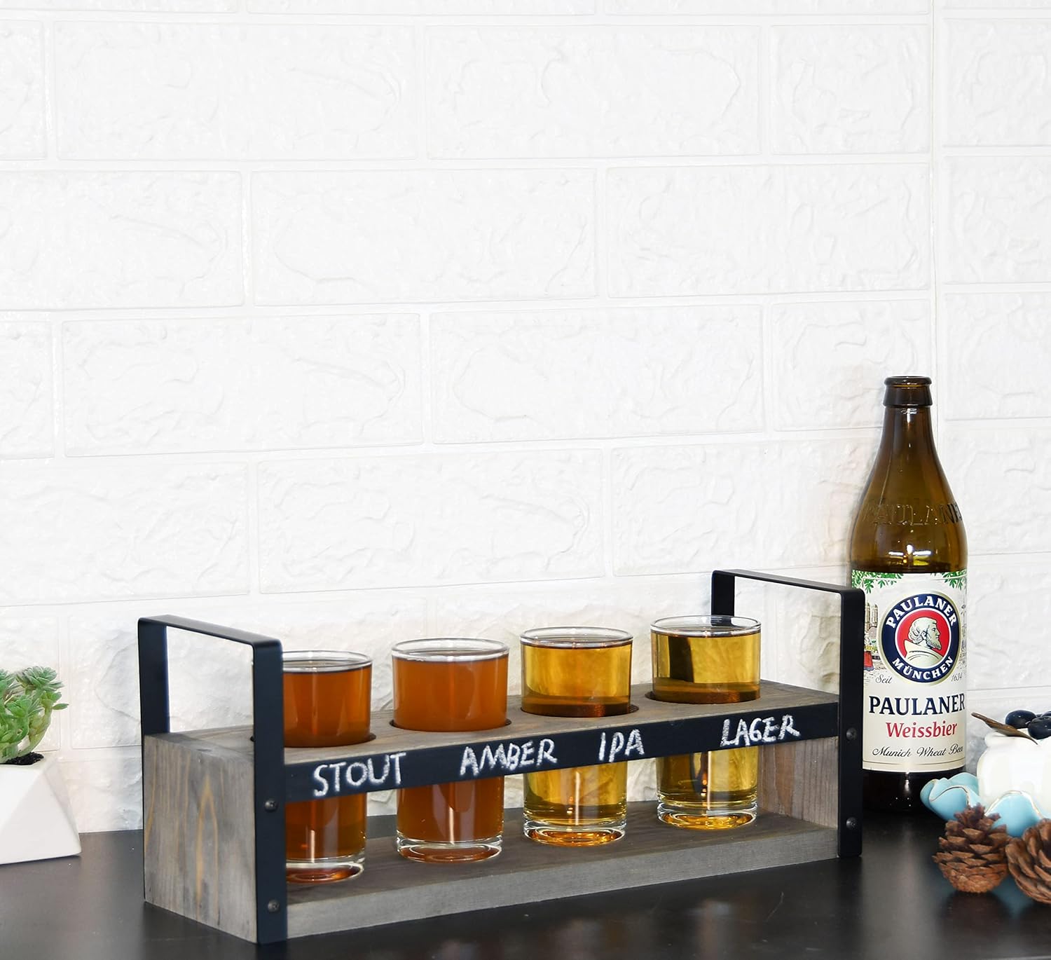 Owlgift Beer Flight Glasses and Board Set Included Vintage Gray Serving Tray with Black Metal Handles and Chalkboard Panel and 4 Tasting Beer Glasses, Set of 2