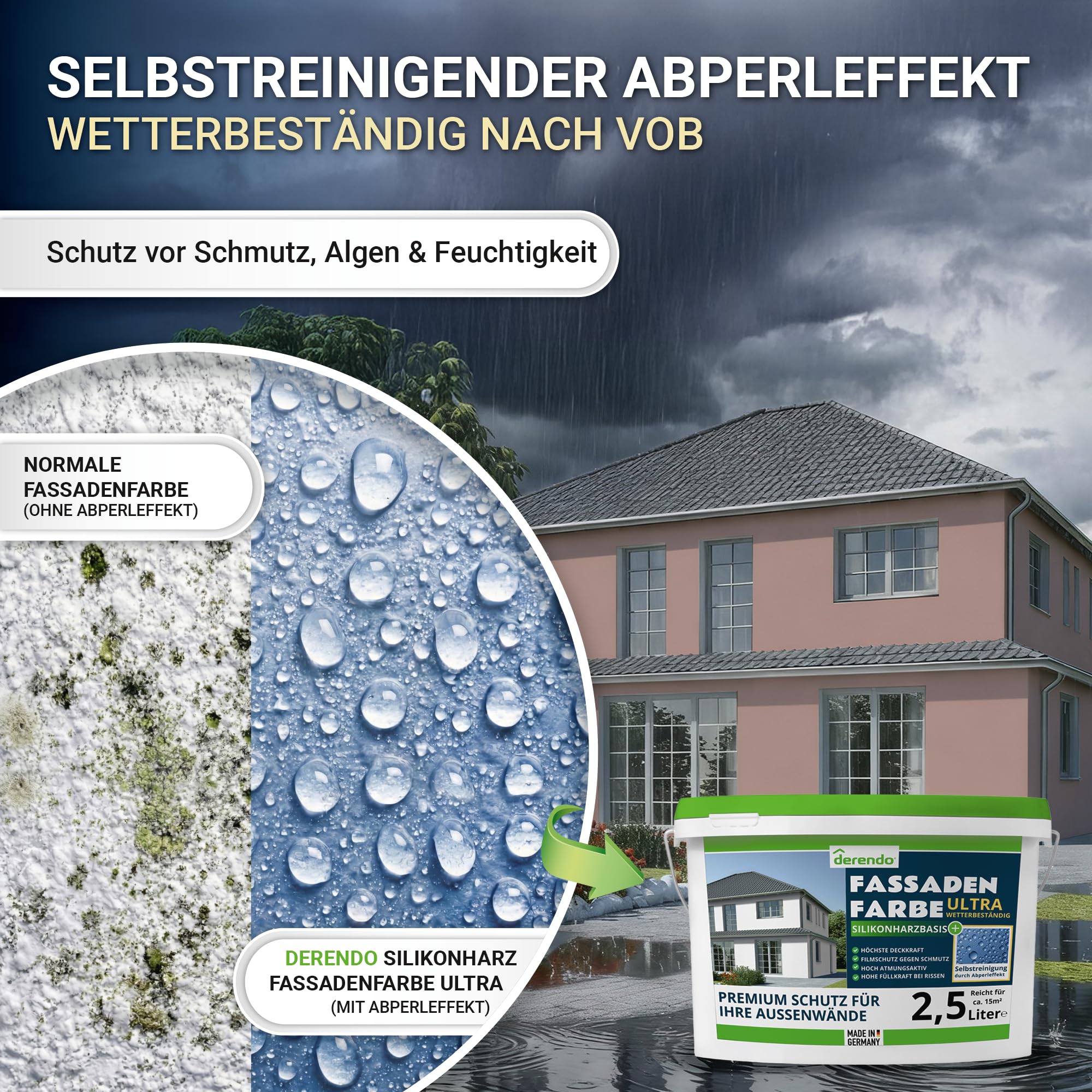 derendo Fassadenfarbe Braun ULTRA Silikonharzfarbe Schokobraun aussen 2,5l | Für Putz Beton, Abperleffekt, wasserabweisend, UV-beständig, hohe Deckkraft, rissfüllend, diffusionsoffen, Made in Germany,