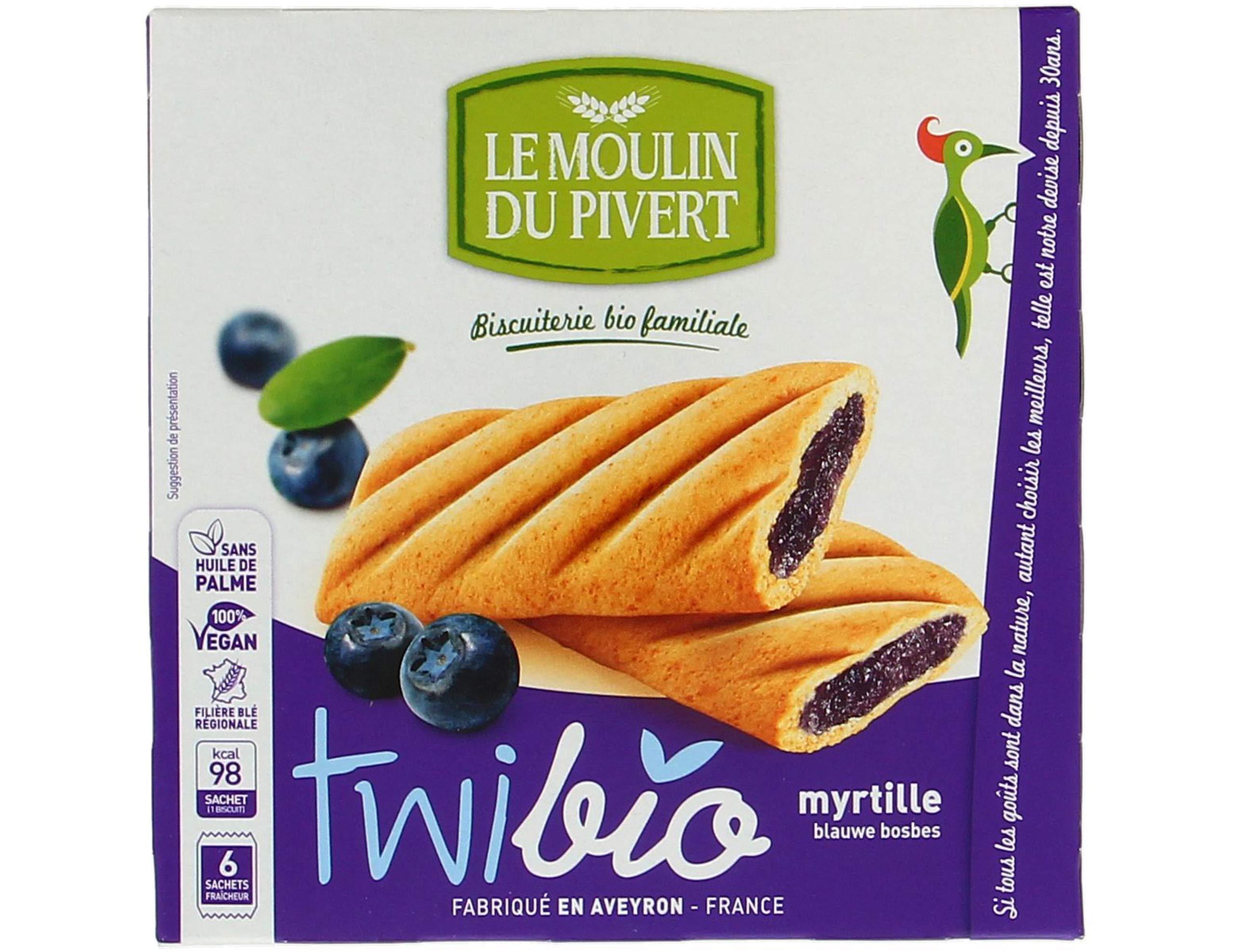 Le Moulin Du Pivert - Biscuits Twibio fourrés à la myrtille bio & vegan 150 g - 6 biscuits - Fabriqué en France