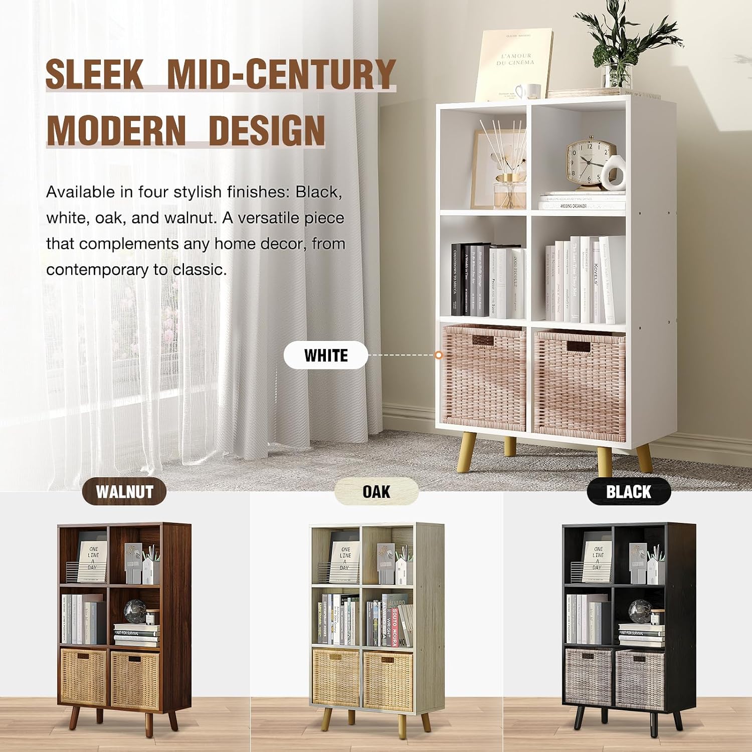 6-Cube Open Shelf Bookcase - 3-Tier Wooden Floor-Standing Bookshelf with Legs and Backpanel, Ideal for 11-inch Fabric Storage Bins and Miscellaneous Organizer, White
