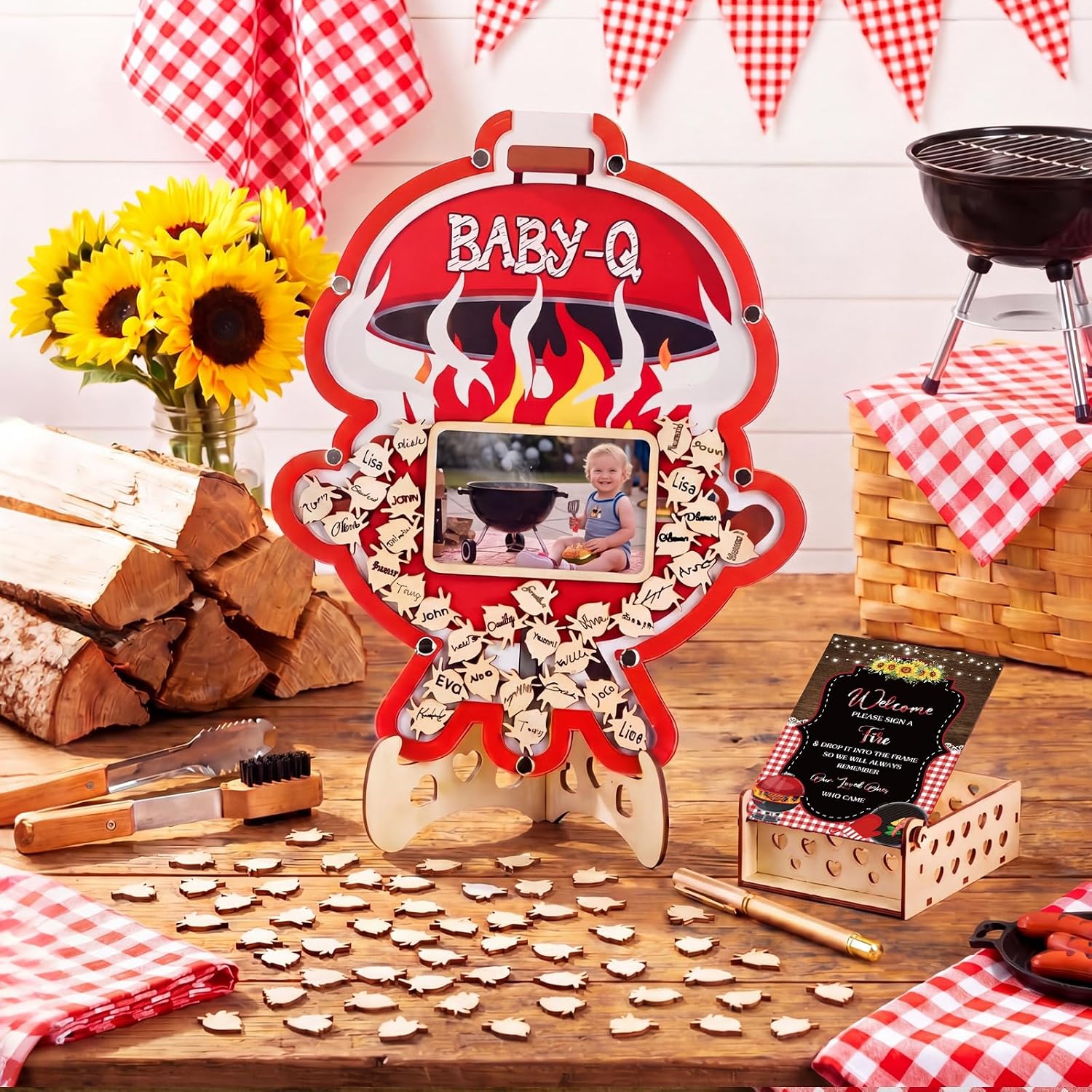Wenqik 63 Pcs BBQ Baby Show Guest Book Alternatives Set Baby Shower Decorations with Photo Frame Sonogram Frame Keepsake 60 Wood Slices Guest Book for Birthday