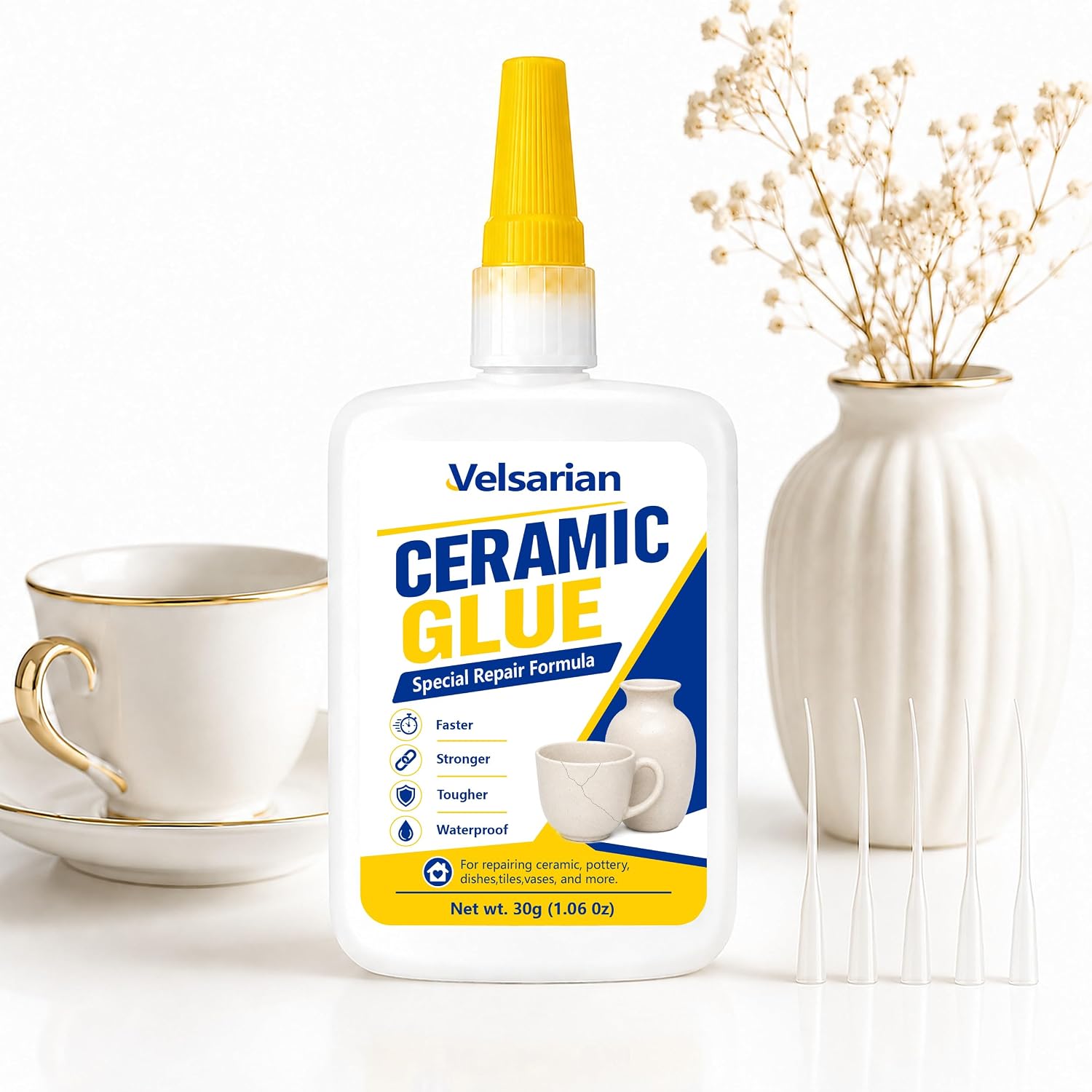 Fast Drying Ceramic Glue 30g 1 Pack, 30-40 Second Clear Porcelain and Pottery Repair Adhesive with 5 Micro Tips for Home DIY