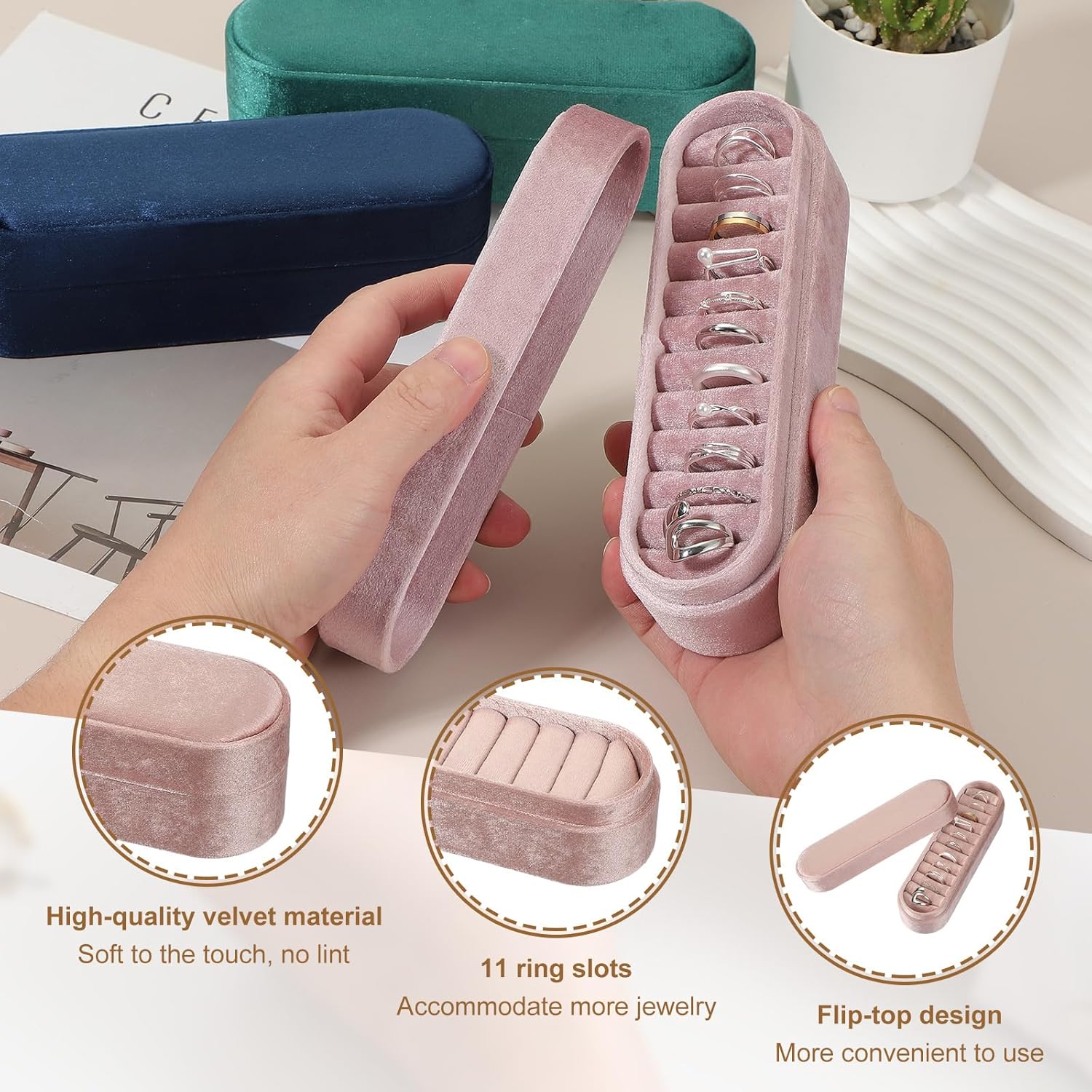 uxcell Velvet Ring Box, 11 Slots Travel Jewelry Case Ring Holder Organizer for Women Gift Proposal Christmas, Light Pink