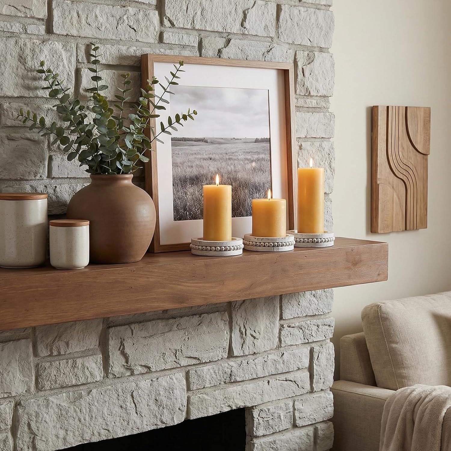 Candle Holder for Pillar Candles Set of 3 Farmhouse Wood Candle Holders Rustic Wooden Candle-Stand Decorative Wood Candlestick Holdersfor Living Room, Table Centerpiece Dining Fireplace(White)