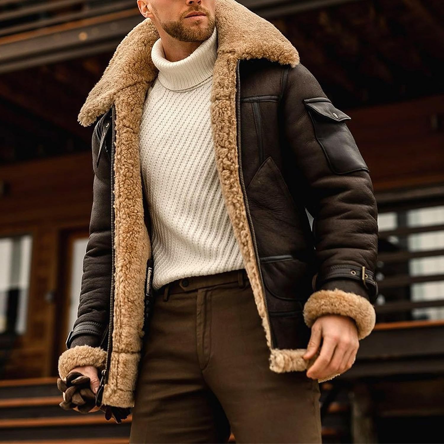 Mens Lapel Faux Fur Collar Thicken Bomber Overcoat Vintage Thicken Fuzzy Leather Jacket Winter Warm Coat
