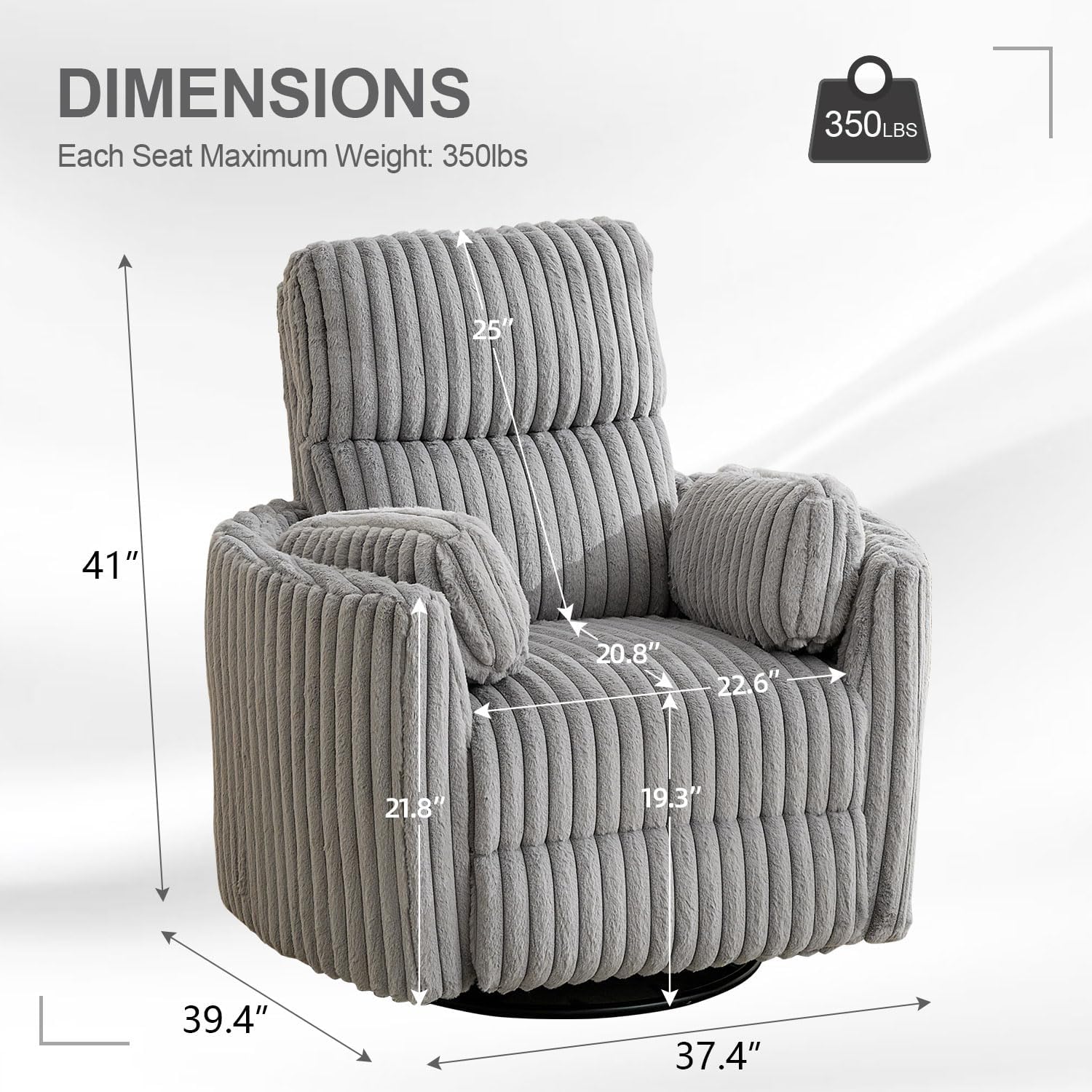 Power Nursery Rocking Chair Swivel Glider Reclining Chairs with 2 Pillows, Nursery Glider Rocking Recliner with Type-C & USB Charger Port, Corduroy Upholstery Armchair for Living Room/ Light Grey