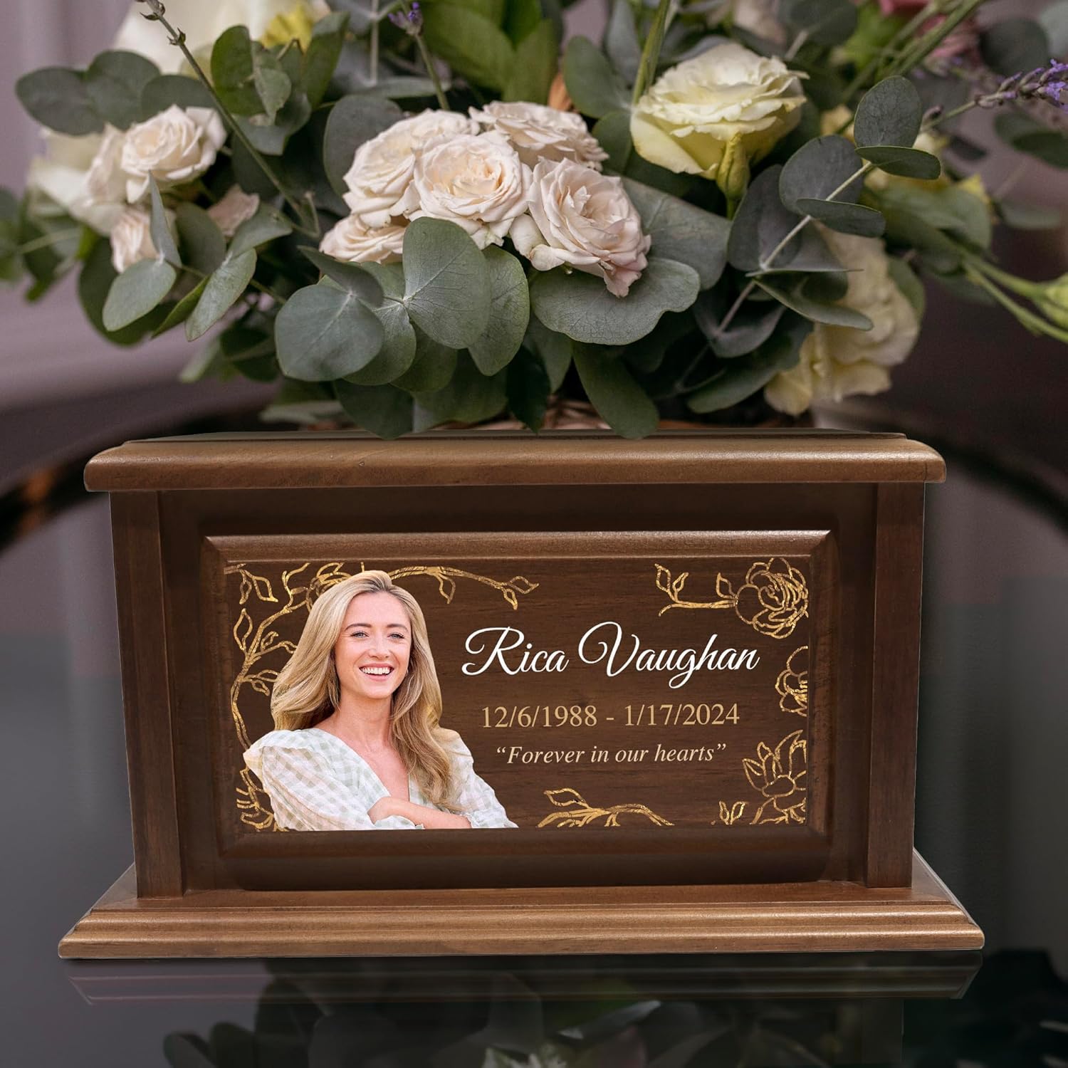 Personalized Solid Wood Human Urns for Ashes 250lbs, Custom Urn Box for Human Ashes, Large Burial and Cremation Urns for Ashes, Warm Walnut Color (Design 5, Large)
