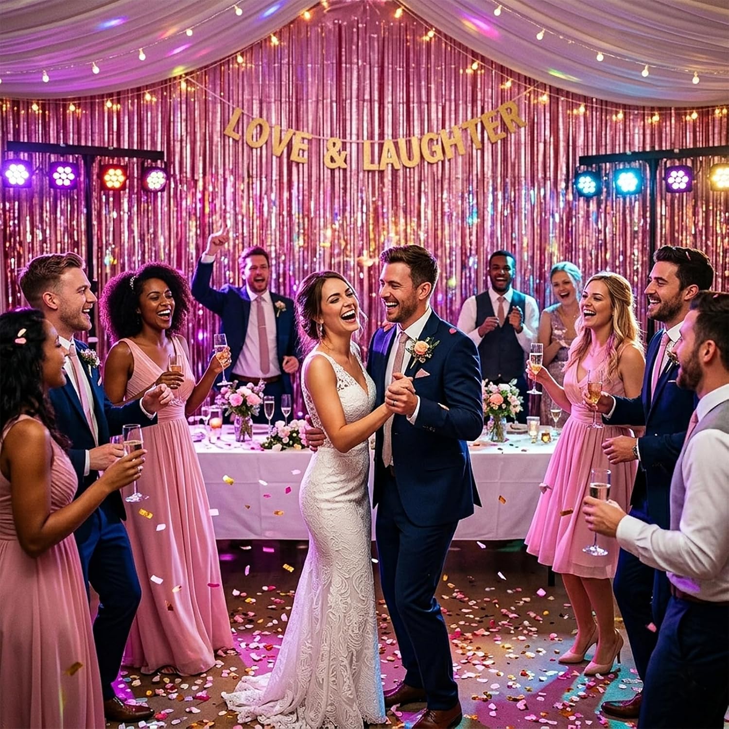 Pastel Pink Glossy Metallic Tinsel Fringe Curtain Backdrop for Party, Girls Birthday Cecorations, Bachelorette, Bride – 3.2ft x 6.5ft x 1mil (1 Pack)