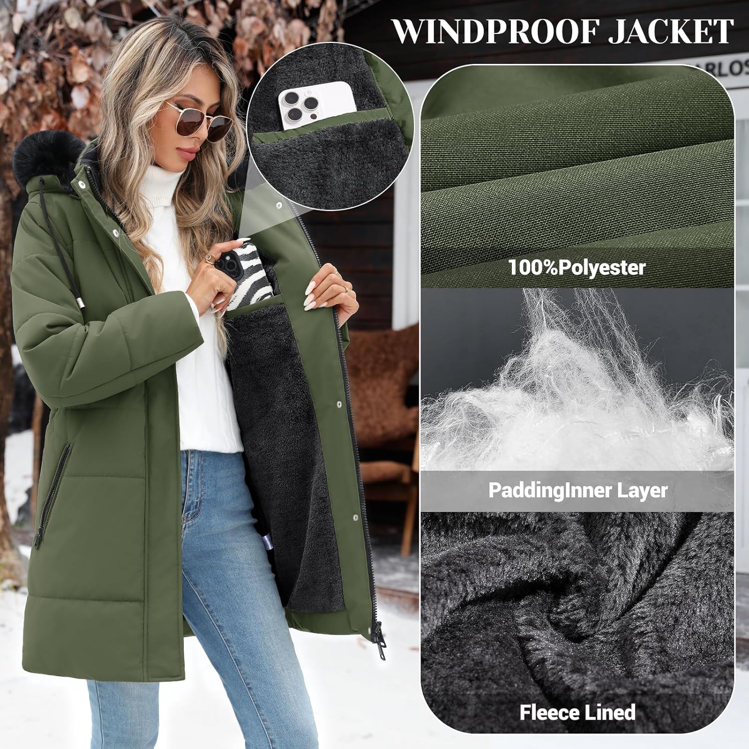Women's Thicken Puffer Coat Winter Warm Fleece Quilted Jacket Padded Parka Coat with Removable Hood - Image 5