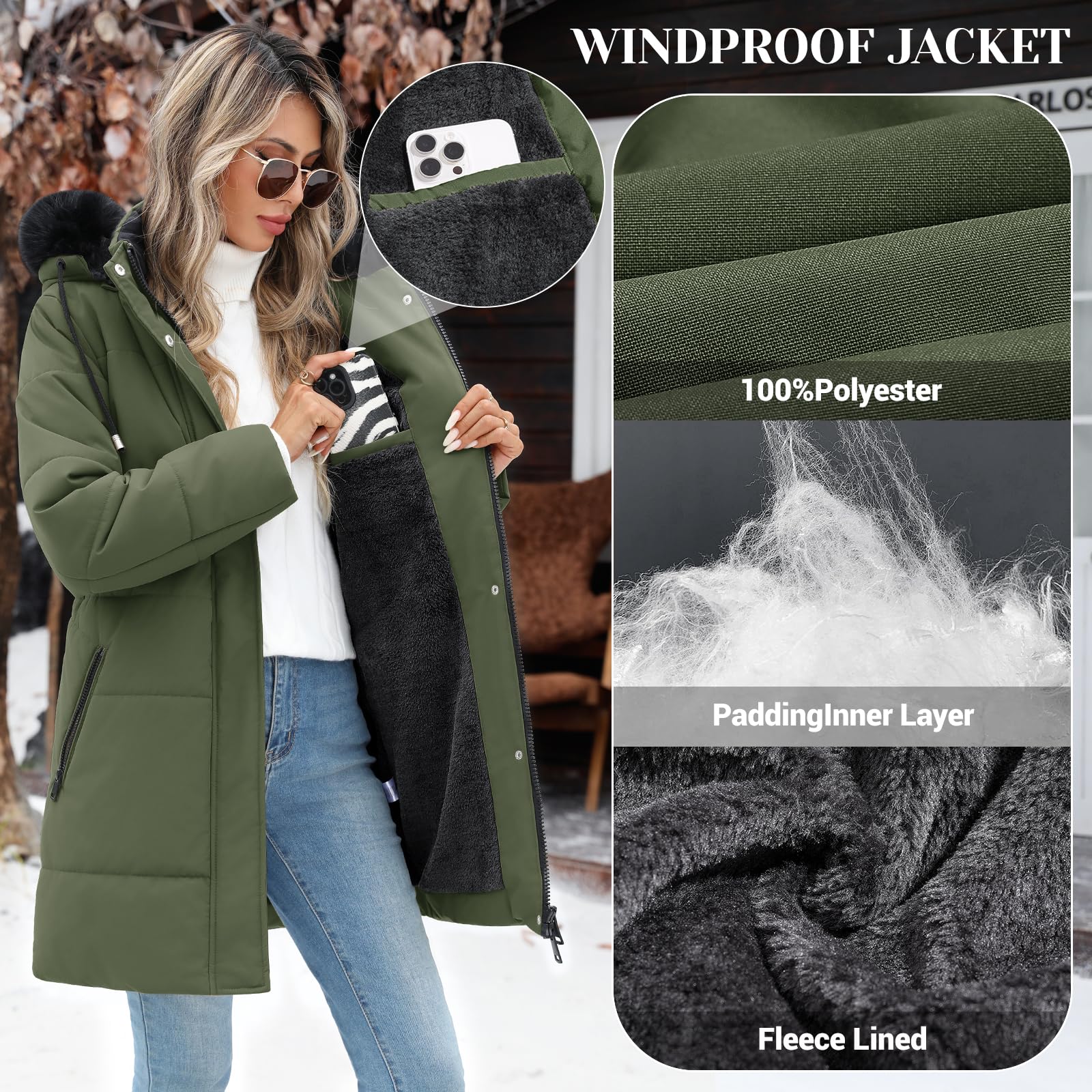 Piumino Donna Invernale Lungo Giacca Imbottito Giubbotto in Pile Caldo Cappotto Elegante Giubbino Parka Trapuntato Outwear Sport con Zip Tasche Cappuccio Rimovibile in Pelliccia