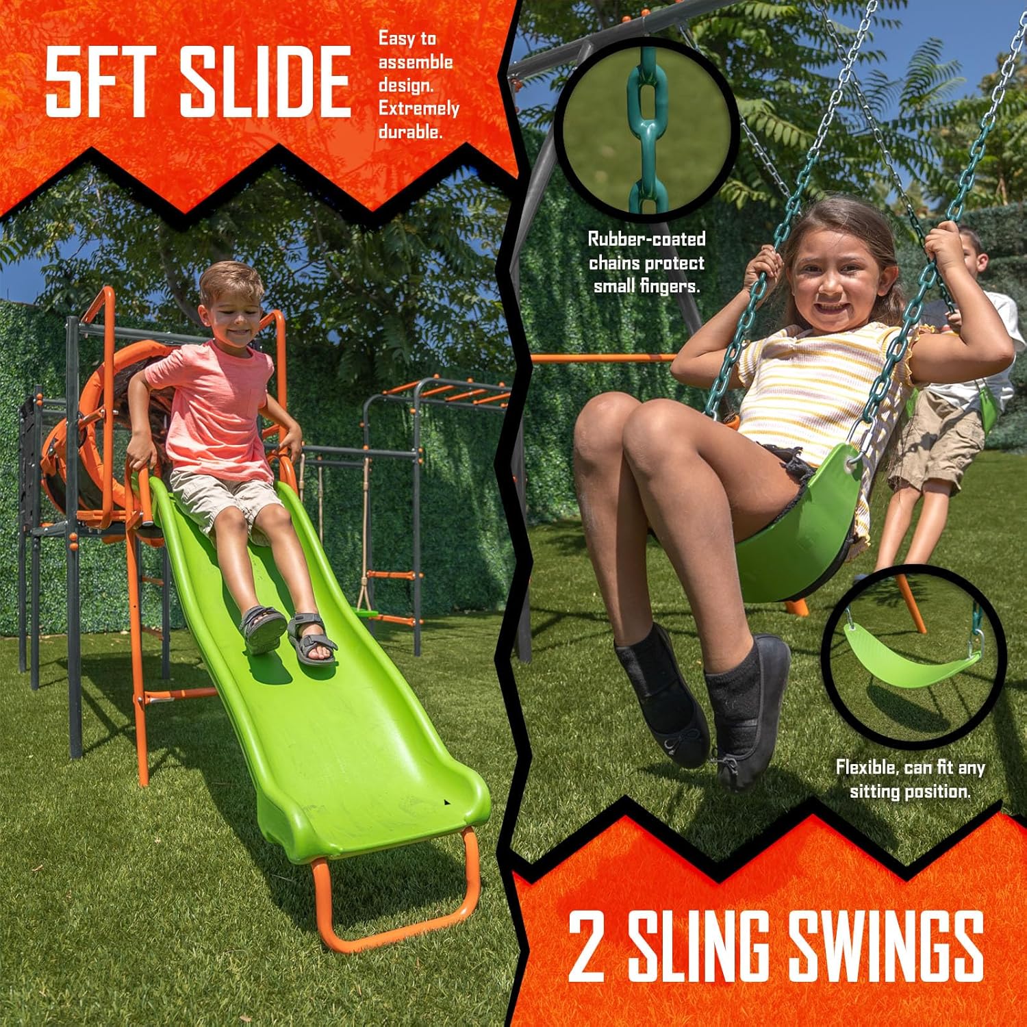 Jungle Warrior Big Cat Metal Swing Set: Adjustable Swings, 5ft Wavy Slide, Mesh Tunnel, Flying Saucer, Monkey Bars - Orange, Green and Grey - Exceeds ASTM Safety Standards