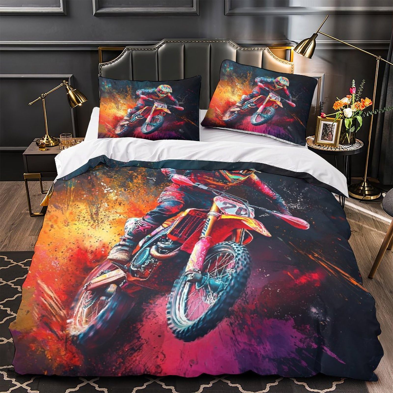 MMDASBVPE Motocross Rider Comforter Cover 3D Design Printed Luxury 3 Piece Bedding Set Zipper Duvet Cover Super Soft Washable for Kids Teens Adults Women Youth Teenagers Single（135x200cm）