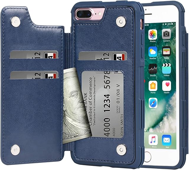 Arae Case for iPhone 7 Plus/iPhone 8 Plus - Wallet Case with PU Leather Card Pockets [Shockproof] Back Flip Cover for iPhone 7 Plus / 8 Plus 5.5 inch (Blue)