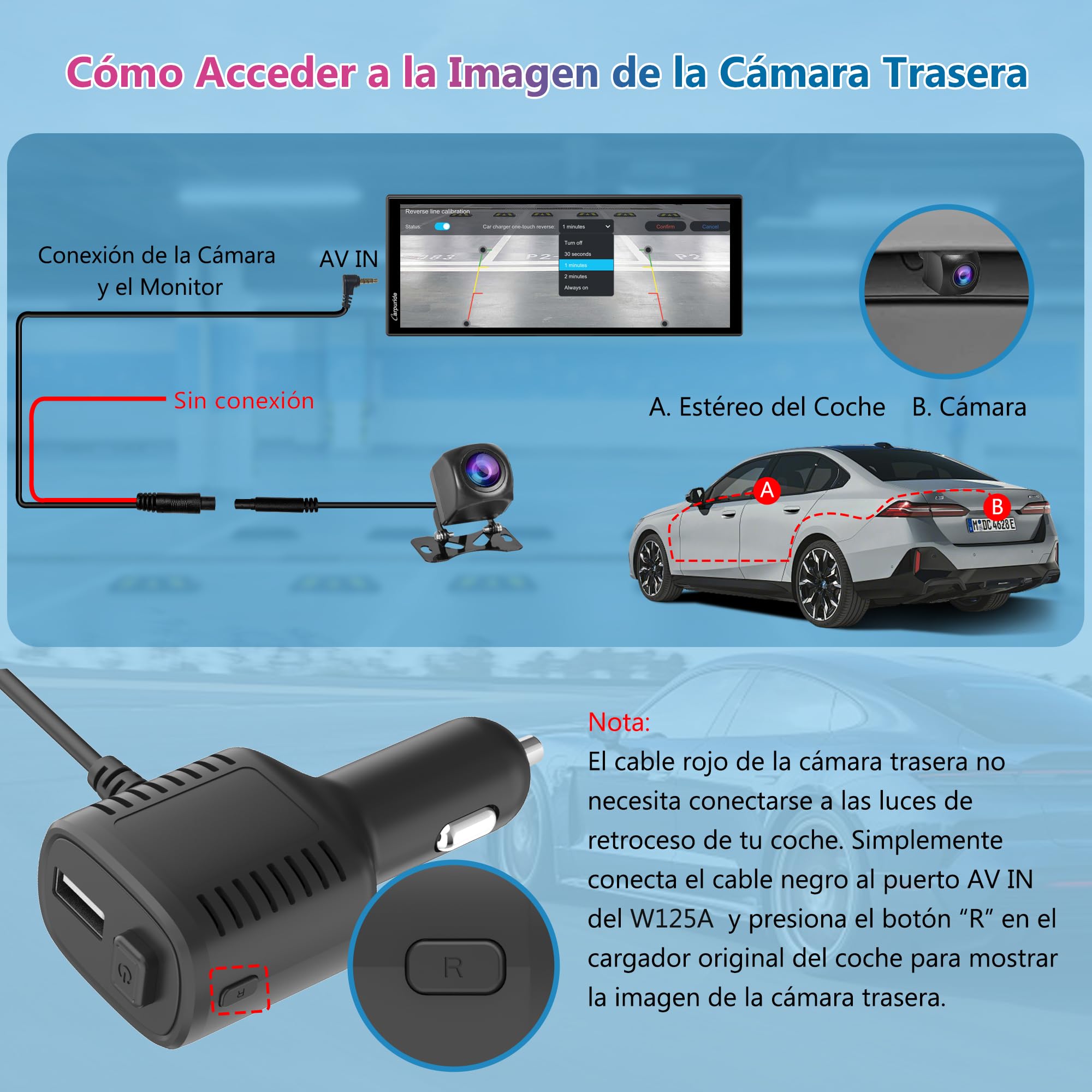 Carpuride Sistema Inalámbrico Portátil Carplay y Android Auto con Cám de Tablero - W125A Pantalla IPS HD de 11.26",Cám Frontal 4K + Cám Trasera 1080P,Grabación en Bucle,Audio Bluetooth,GPS,Siri,Música