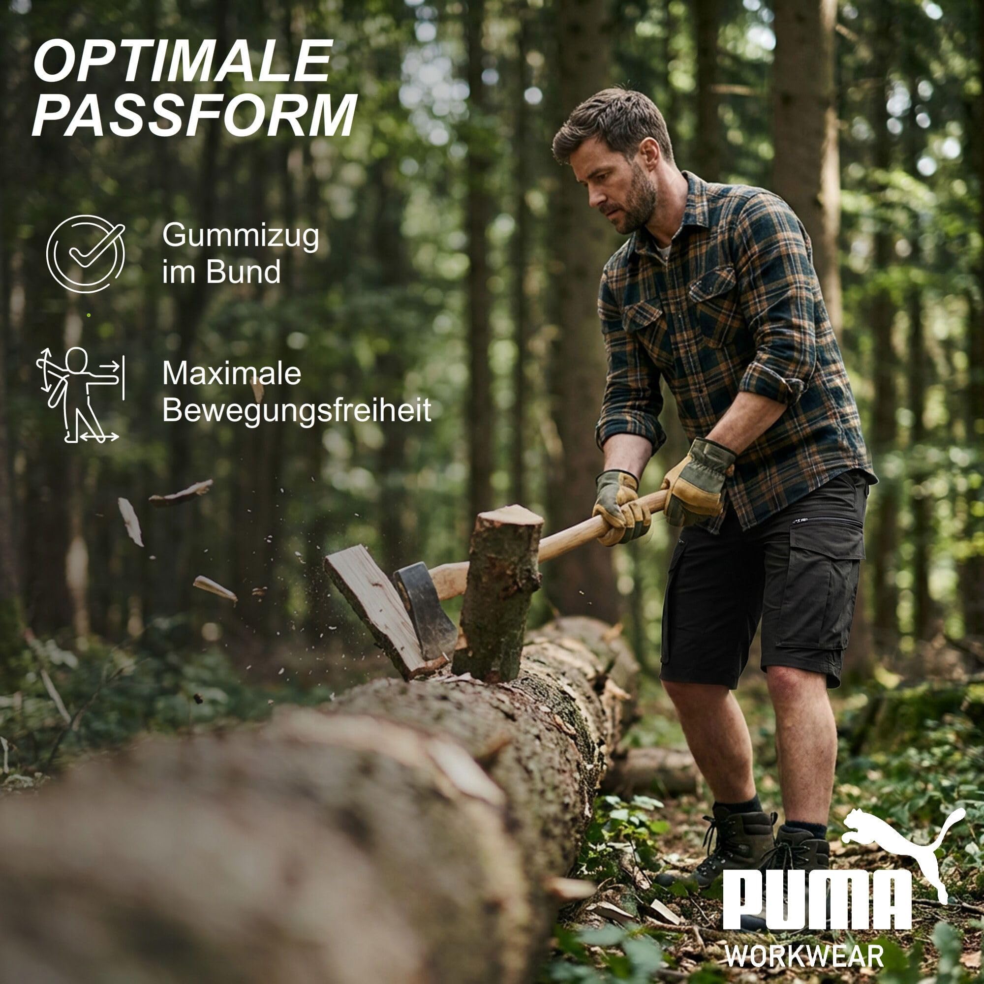PUMA Workwear krótkie spodenki robocze męskie – wytrzymałe szorty ze stretchem i tkaniną Ripstop – gumka w pasie – podwyższona część tylna – szlufka na ramię – pokrowiec na telefon komórkowy