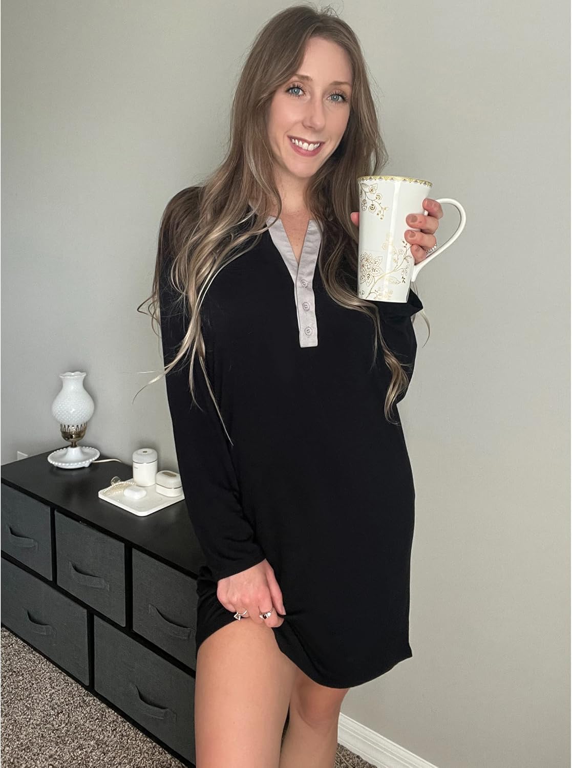 Ekouaer Women's Nightshirt Long Sleeve Button Down Nightgown V-Neck Sleepwear Casual Pajama Dress - Image 3