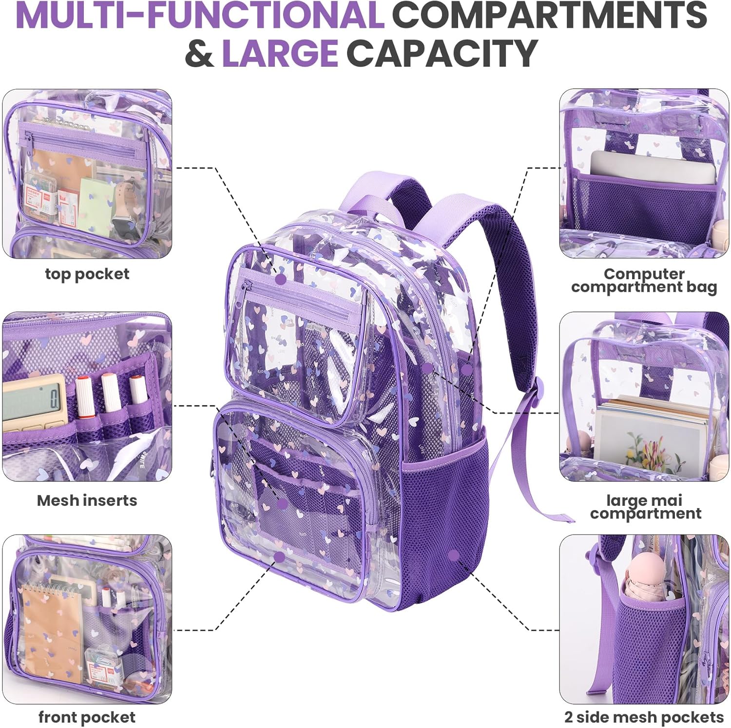 BORMELUN Heavy Duty Clear Backpack Lunch Bag Box Set for 8-Year-Olds - Practical and Stylish School Essentials(clear backpack & tote lunch bag-purple)
