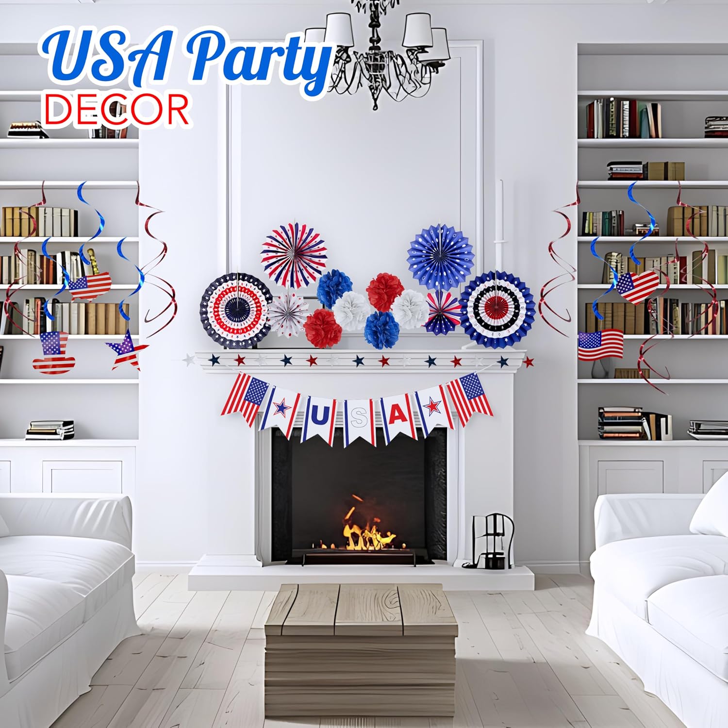 4E's Novelty 24 Pcs Patriotic Hanging Decorations, 6 Pcs Hanging Patriotic Banner Paper Fans Red White Blue Decor with Star Streamer, American Independence Day Sign with USA Flag Indoor Outdoor Decor