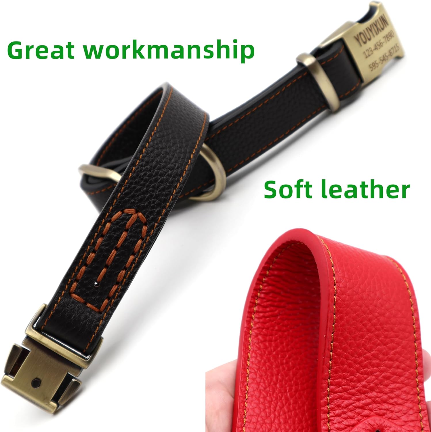 Personalized Leather Dog Collars,Custom Double-Layer Genuine Leather Dog Collar Engraved with Name and Phone Number,Quick-Release Buckle for Small Medium Large Dogs-Dark Brown,Medium