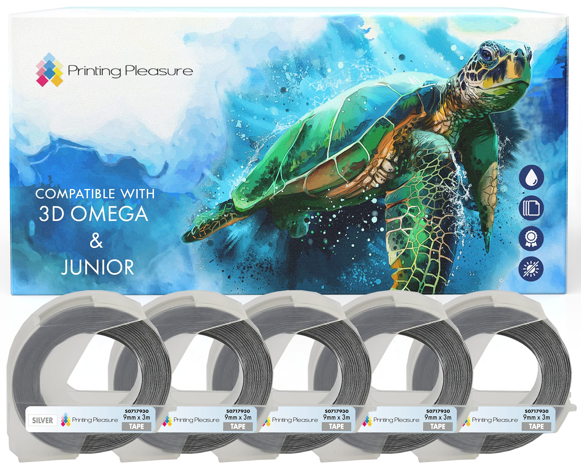 5-Pack Compatible Self-Adhesive 3D White on Silver Embossing Labels Tapes 9mm x 3m for use with Omega and Junior Embossers